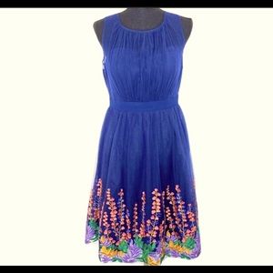 💐💐 ModCloth Geode L (10-14) navy tulle dress with bright floral embroidery